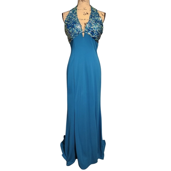 NIKI By Niki Livas Teal Sequin Halter Gown - Picture 2 of 11